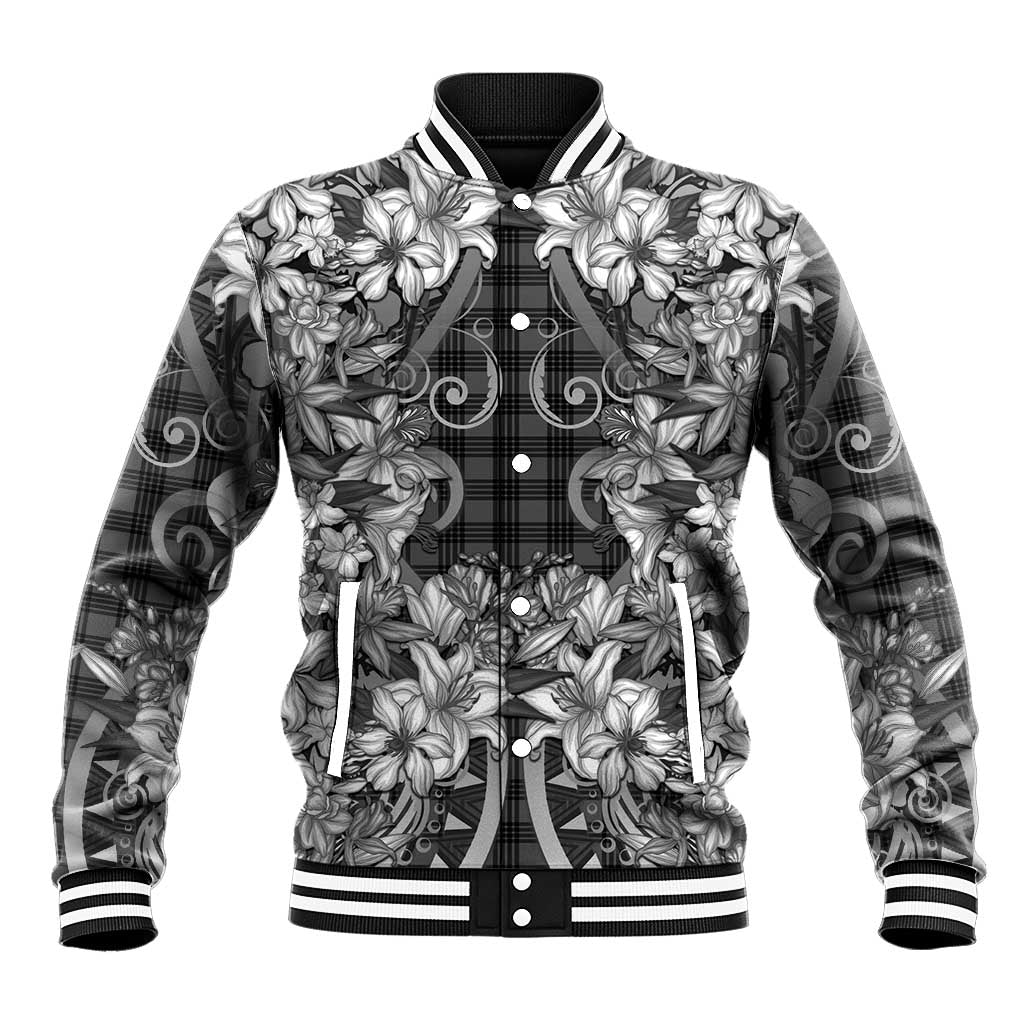 Hawaii Palaka Baseball Jacket Black Tribal Pattern With Tropical Flowers - Polynesian Pride