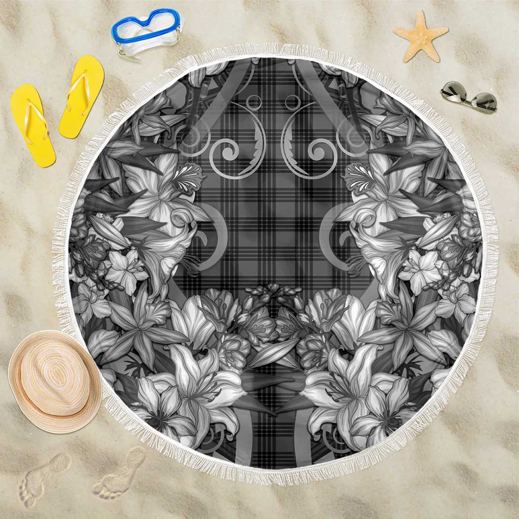 Hawaii Palaka Beach Blanket Black Tribal Pattern With Tropical Flowers - Polynesian Pride