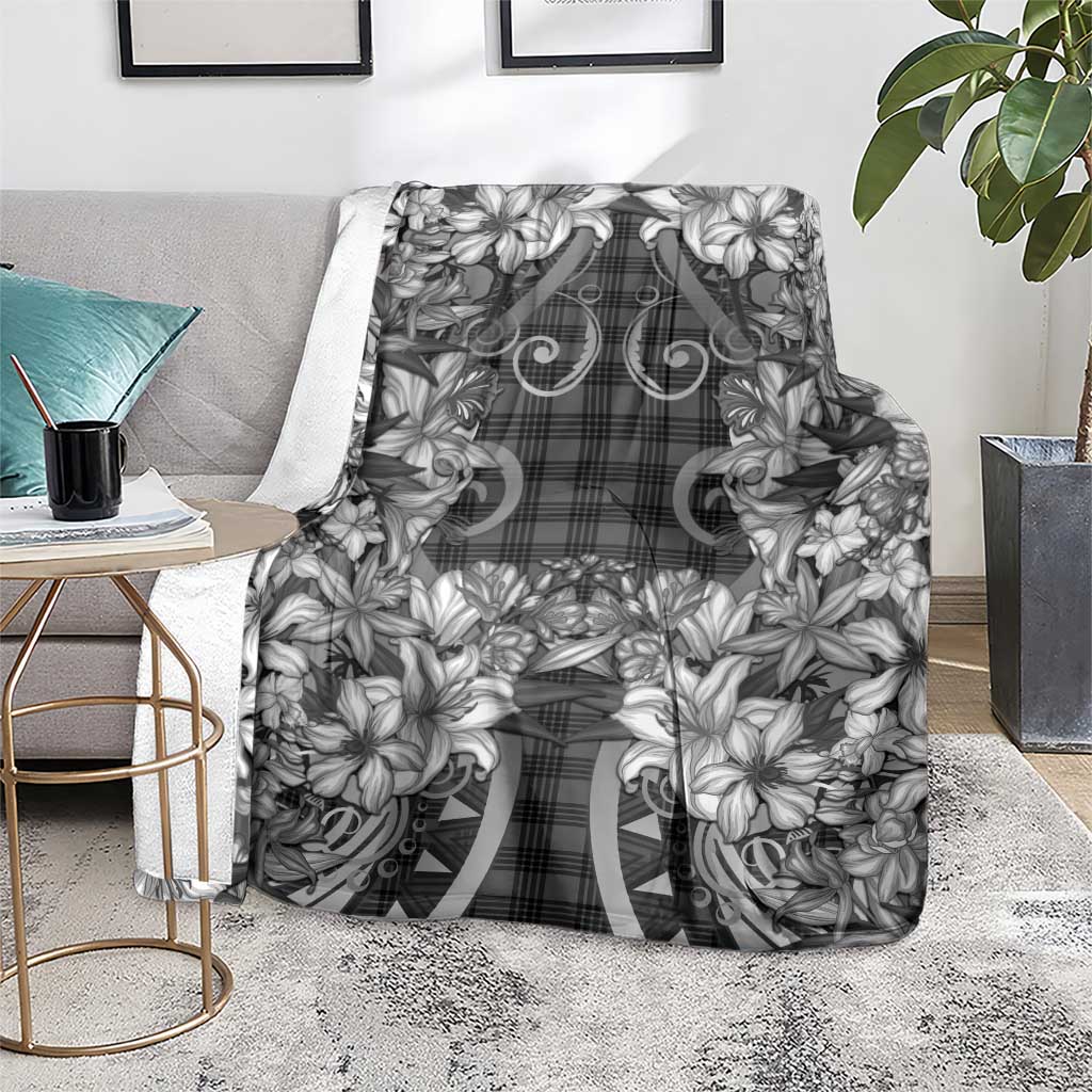 Hawaii Palaka Blanket Black Tribal Pattern With Tropical Flowers - Polynesian Pride