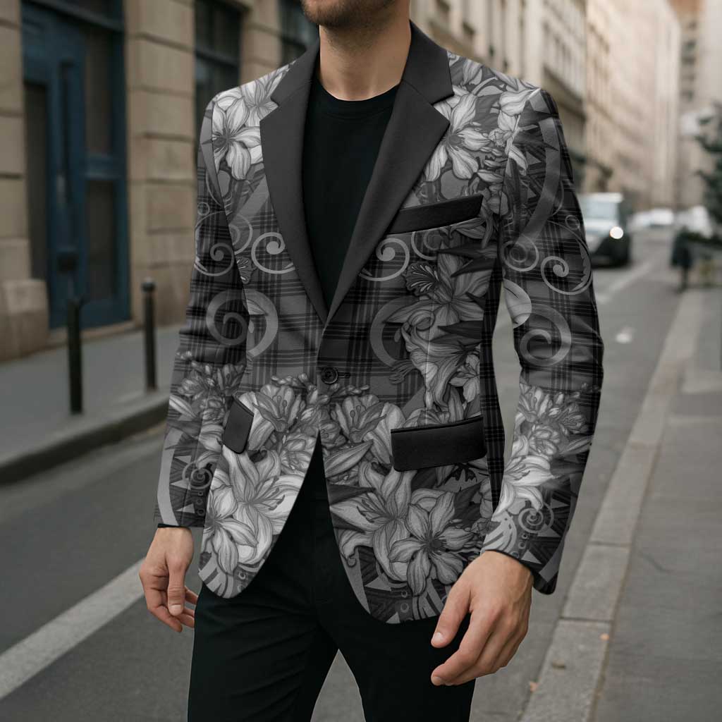Hawaii Palaka Blazer Black Tribal Pattern With Tropical Flowers - Polynesian Pride