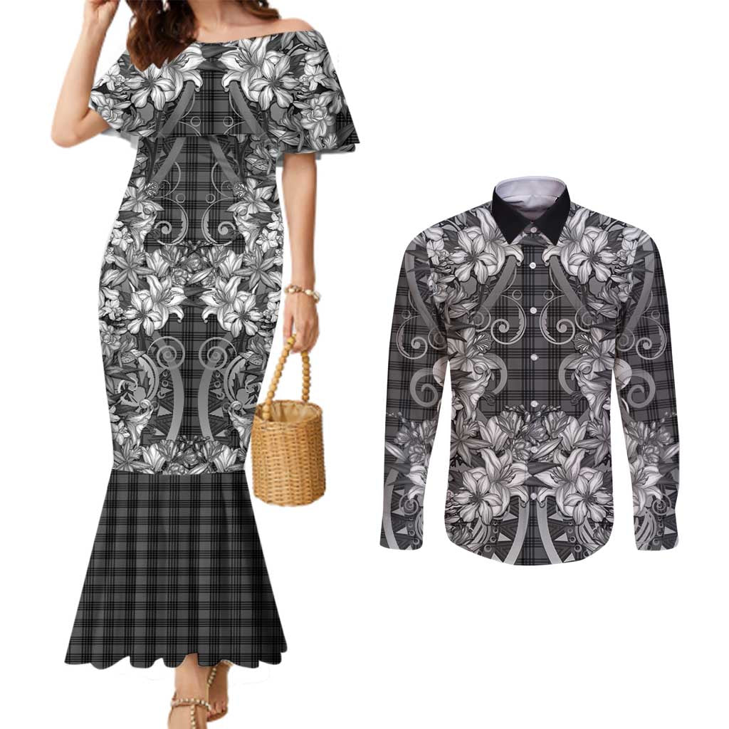 Hawaii Palaka Couples Matching Mermaid Dress and Long Sleeve Button Shirt Black Tribal Pattern With Tropical Flowers - Polynesian Pride