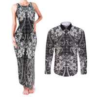 Hawaii Palaka Couples Matching Tank Maxi Dress and Long Sleeve Button Shirt Black Tribal Pattern With Tropical Flowers - Polynesian Pride