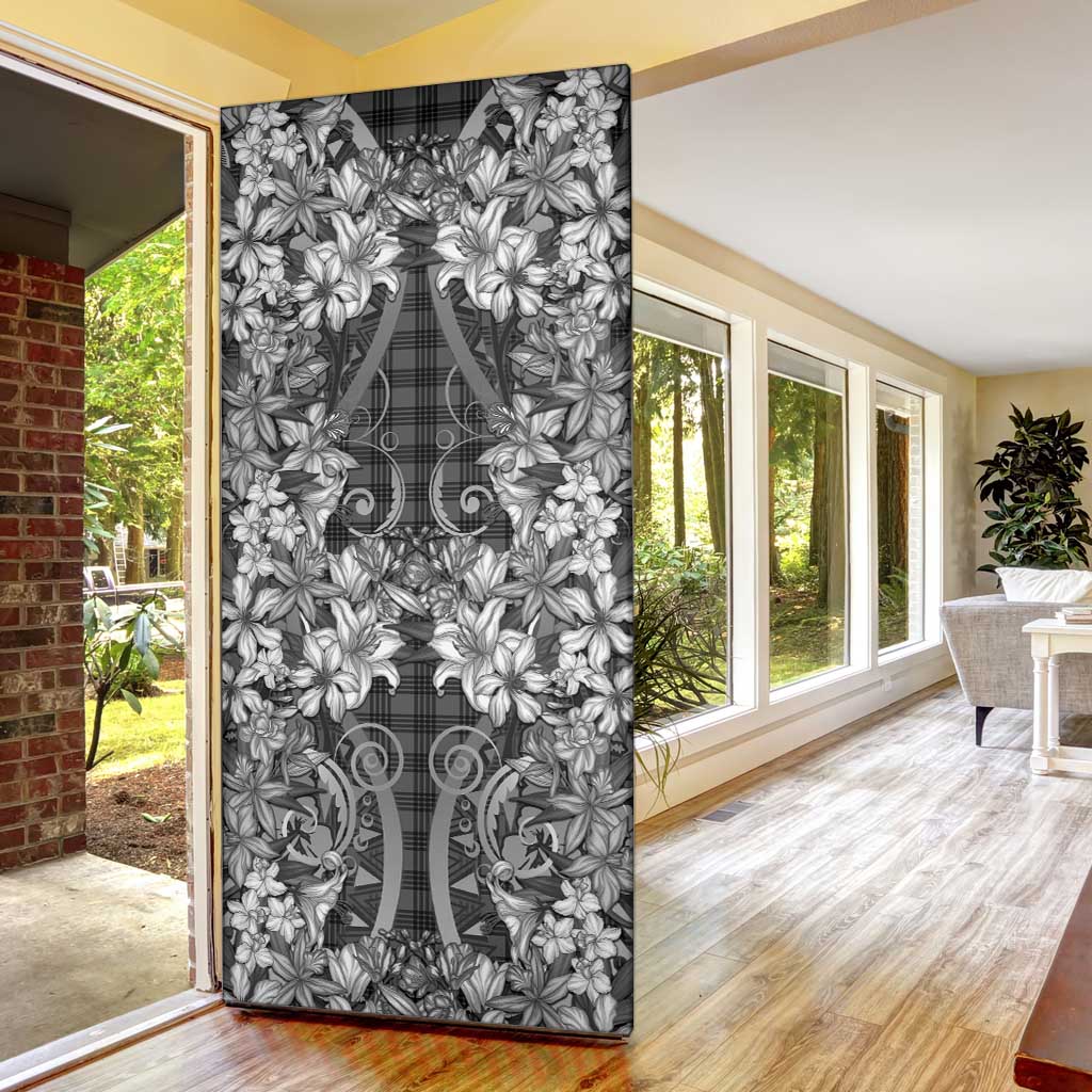 Hawaii Palaka Door Cover Black Tribal Pattern With Tropical Flowers - Polynesian Pride