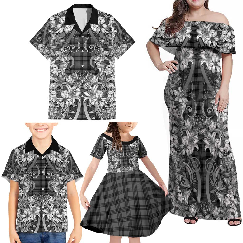 Hawaii Palaka Family Matching Off Shoulder Maxi Dress and Hawaiian Shirt Black Tribal Pattern With Tropical Flowers - Polynesian Pride