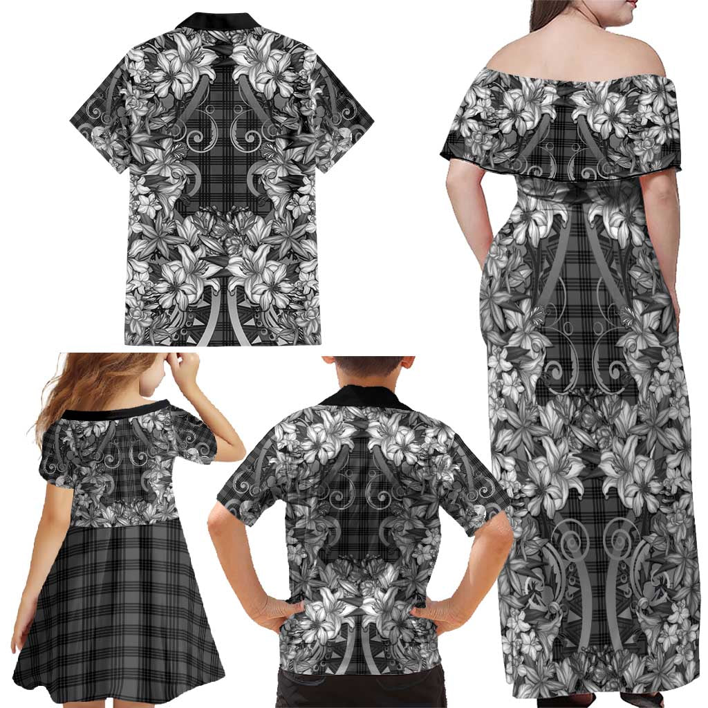 Hawaii Palaka Family Matching Off Shoulder Maxi Dress and Hawaiian Shirt Black Tribal Pattern With Tropical Flowers - Polynesian Pride