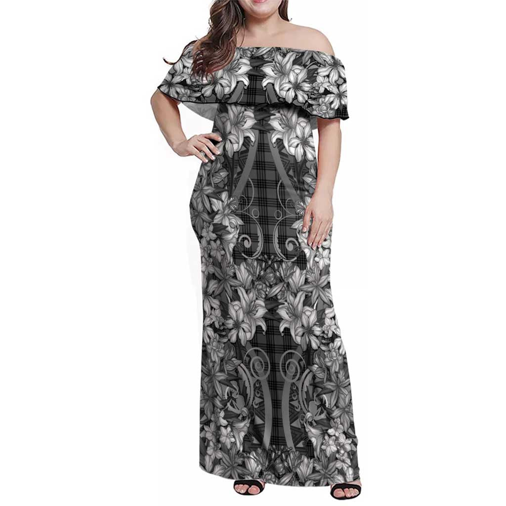 Hawaii Palaka Family Matching Off Shoulder Maxi Dress and Hawaiian Shirt Black Tribal Pattern With Tropical Flowers - Polynesian Pride