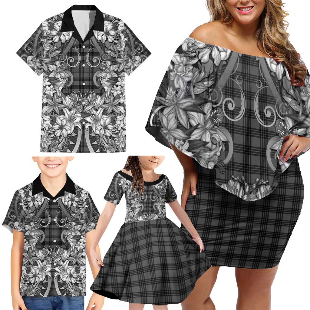 Hawaii Palaka Family Matching Off Shoulder Short Dress and Hawaiian Shirt Black Tribal Pattern With Tropical Flowers - Polynesian Pride