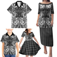 Hawaii Palaka Family Matching Puletasi and Hawaiian Shirt Black Tribal Pattern With Tropical Flowers - Polynesian Pride