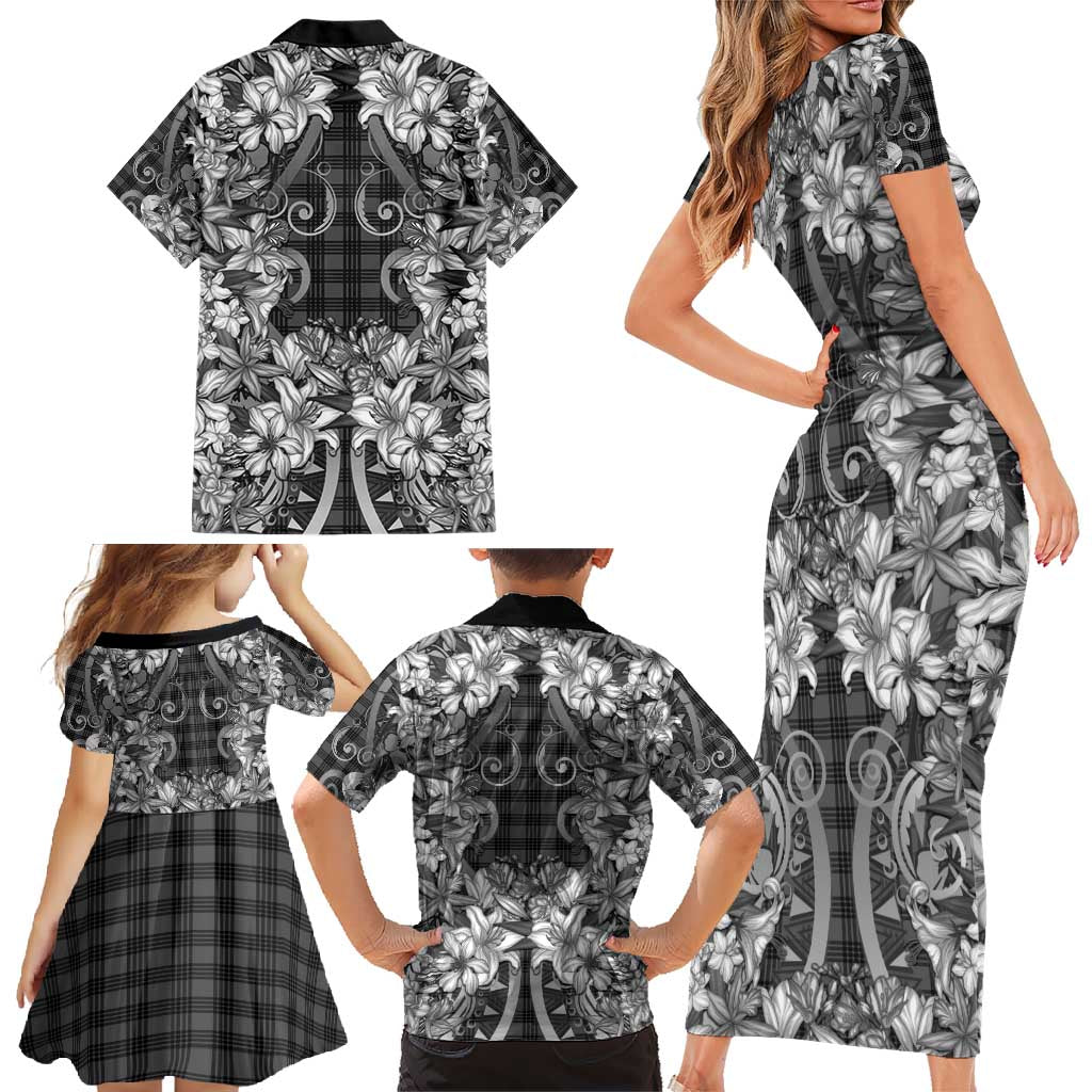 Hawaii Palaka Family Matching Short Sleeve Bodycon Dress and Hawaiian Shirt Black Tribal Pattern With Tropical Flowers - Polynesian Pride
