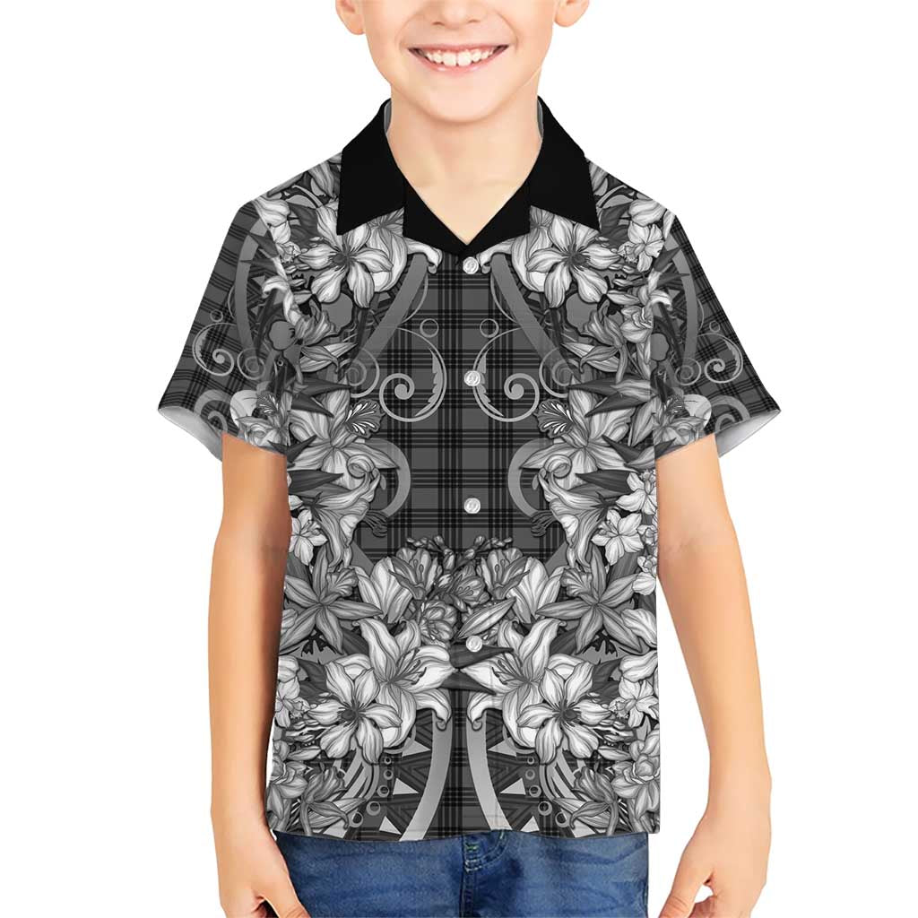 Hawaii Palaka Family Matching Short Sleeve Bodycon Dress and Hawaiian Shirt Black Tribal Pattern With Tropical Flowers - Polynesian Pride