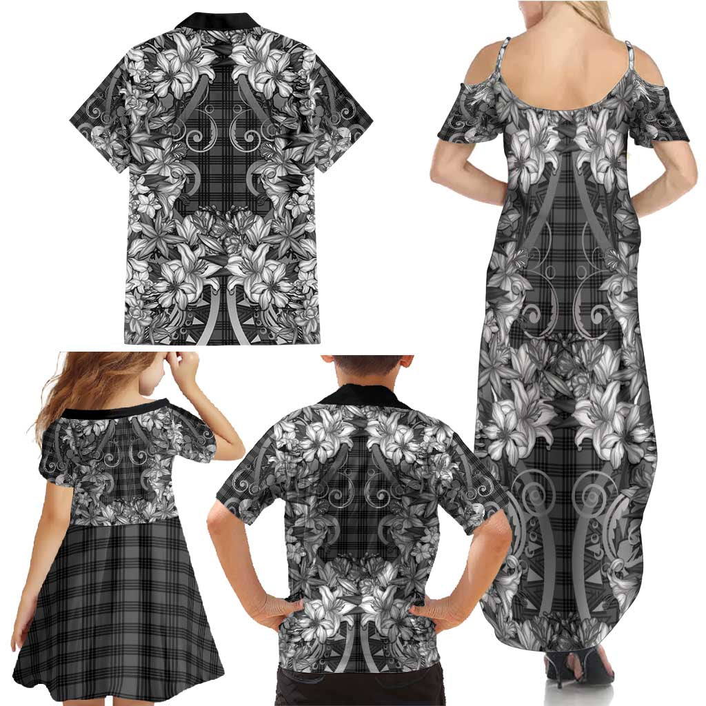 Hawaii Palaka Family Matching Summer Maxi Dress and Hawaiian Shirt Black Tribal Pattern With Tropical Flowers - Polynesian Pride