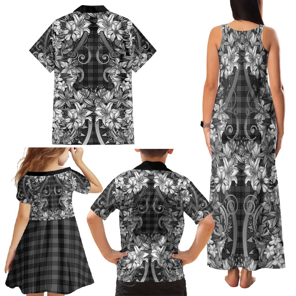Hawaii Palaka Family Matching Tank Maxi Dress and Hawaiian Shirt Black Tribal Pattern With Tropical Flowers - Polynesian Pride