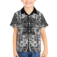 Hawaii Palaka Family Matching Tank Maxi Dress and Hawaiian Shirt Black Tribal Pattern With Tropical Flowers - Polynesian Pride