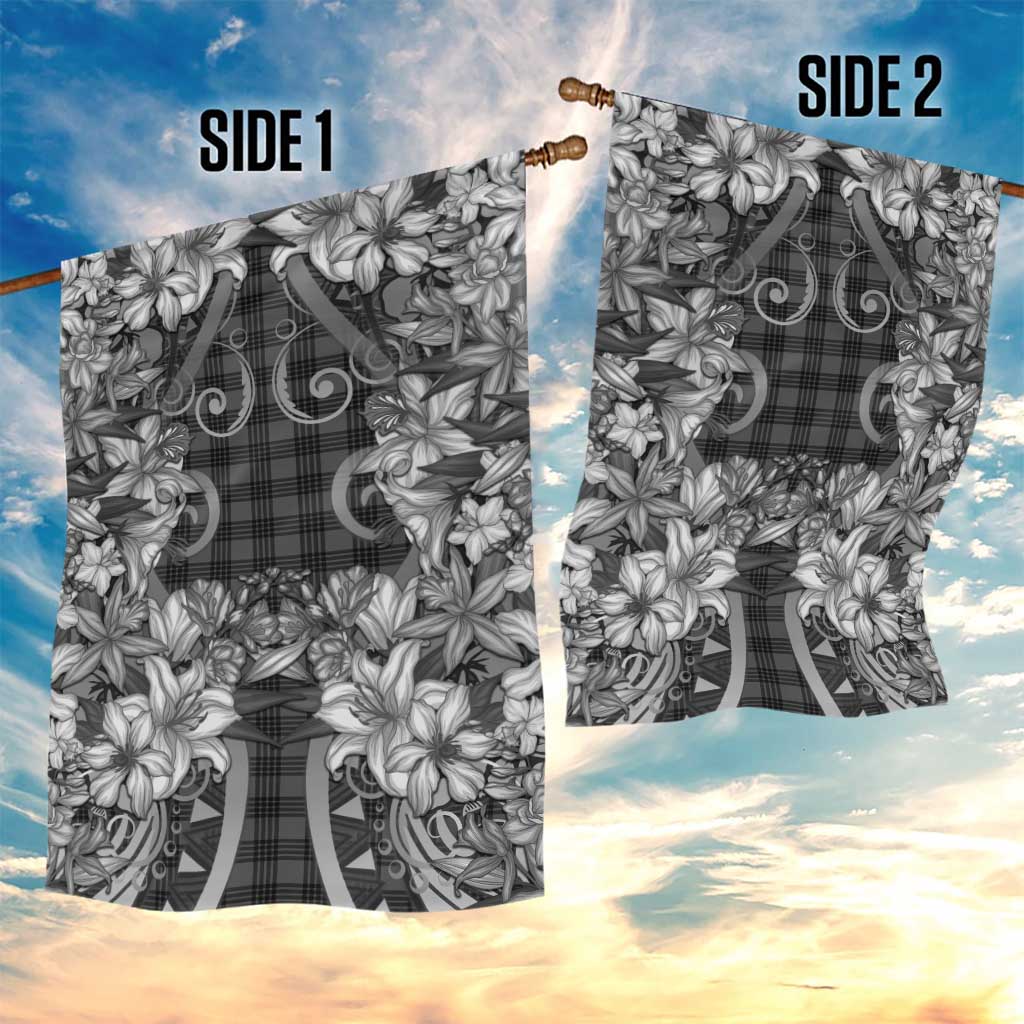 Hawaii Palaka Garden Flag Black Tribal Pattern With Tropical Flowers - Polynesian Pride