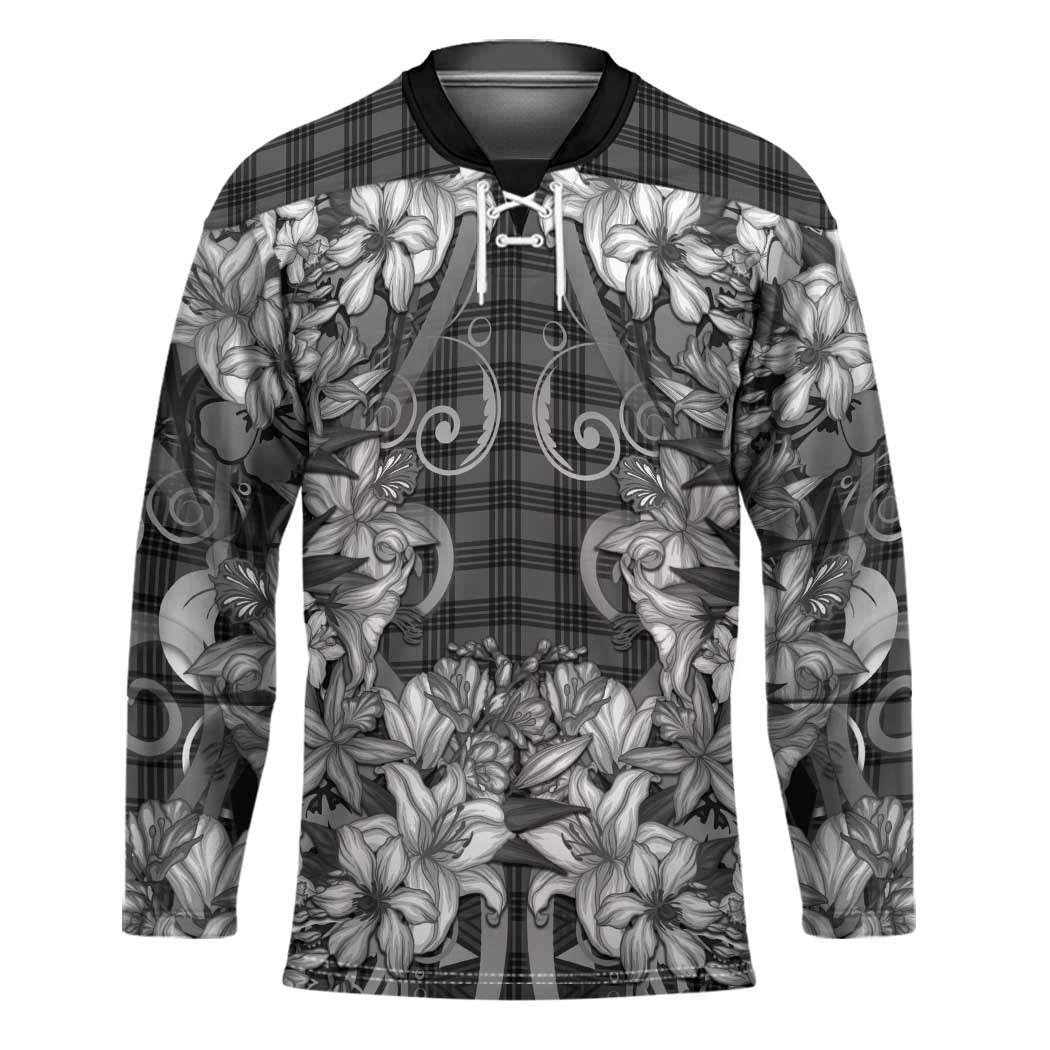 Hawaii Palaka Hockey Jersey Black Tribal Pattern With Tropical Flowers - Polynesian Pride