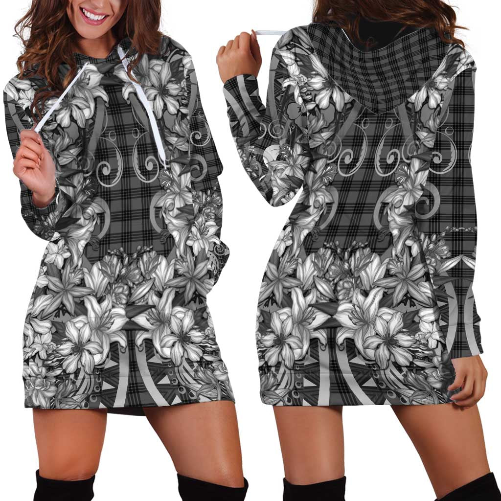Hawaii Palaka Hoodie Dress Black Tribal Pattern With Tropical Flowers - Polynesian Pride