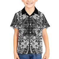 Hawaii Palaka Kid Hawaiian Shirt Black Tribal Pattern With Tropical Flowers - Polynesian Pride
