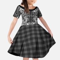 Hawaii Palaka Kid Short Sleeve Dress Black Tribal Pattern With Tropical Flowers - Polynesian Pride
