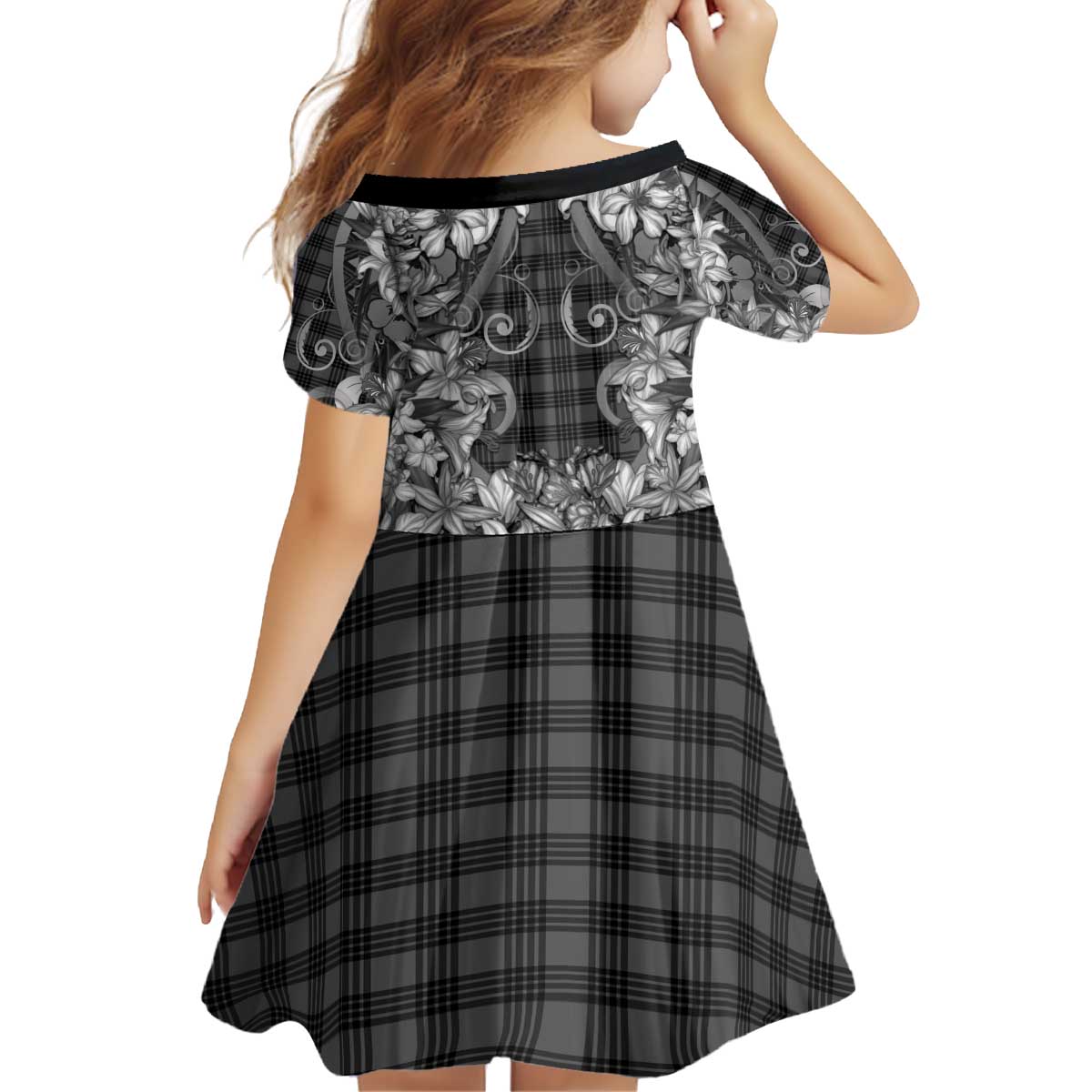 Hawaii Palaka Kid Short Sleeve Dress Black Tribal Pattern With Tropical Flowers - Polynesian Pride