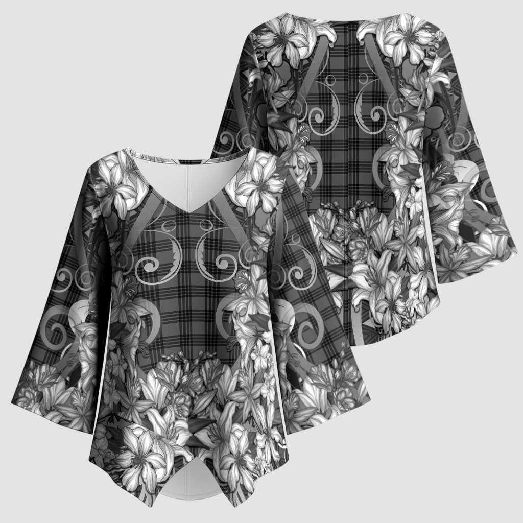 Hawaii Palaka Kimono Sleeve Blouse Black Tribal Pattern With Tropical Flowers - Polynesian Pride