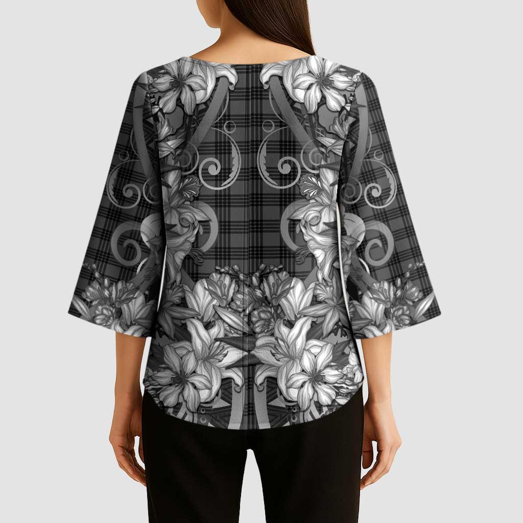 Hawaii Palaka Kimono Sleeve Blouse Black Tribal Pattern With Tropical Flowers - Polynesian Pride