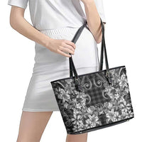 Hawaii Palaka Leather Tote Bag Black Tribal Pattern With Tropical Flowers - Polynesian Pride