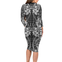 Hawaii Palaka Long Sleeve Bodycon Dress Black Tribal Pattern With Tropical Flowers - Polynesian Pride