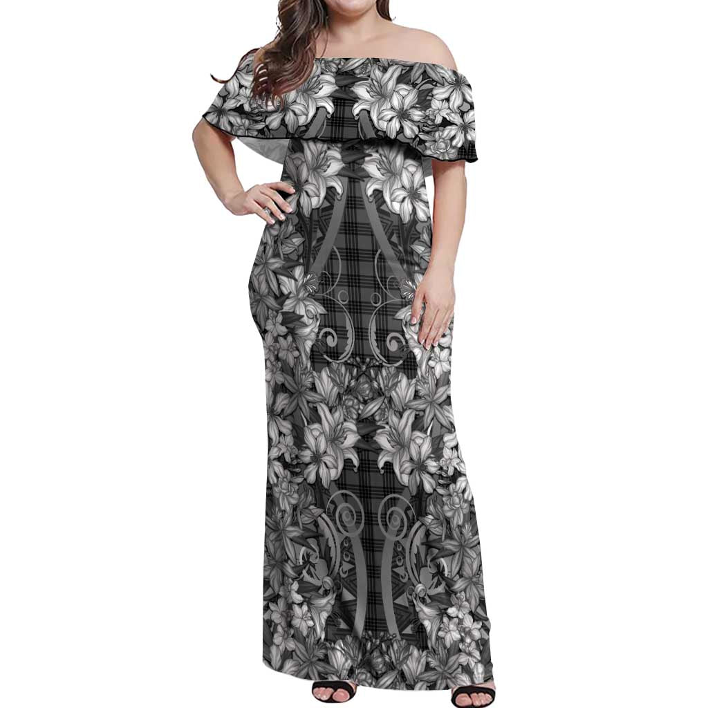 Hawaii Palaka Off Shoulder Maxi Dress Black Tribal Pattern With Tropical Flowers - Polynesian Pride