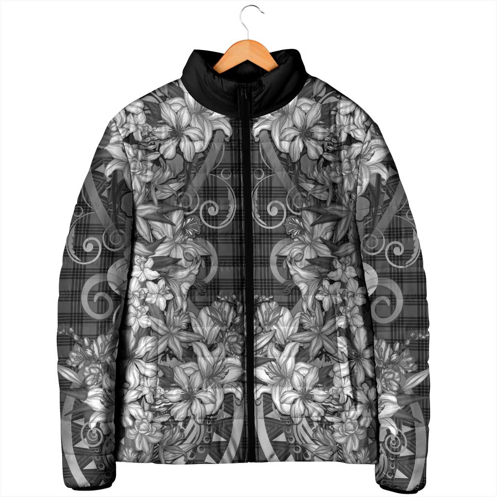 Hawaii Palaka Padded Jacket Black Tribal Pattern With Tropical Flowers - Polynesian Pride