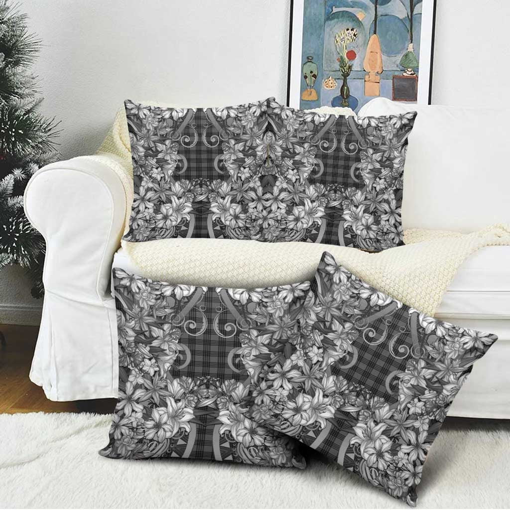 Hawaii Palaka Pillow Cover Black Tribal Pattern With Tropical Flowers - Polynesian Pride