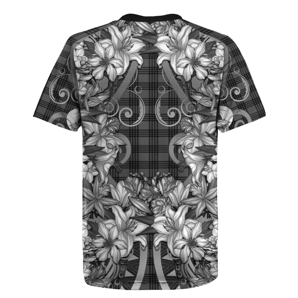 Hawaii Palaka Rugby Jersey Black Tribal Pattern With Tropical Flowers - Polynesian Pride