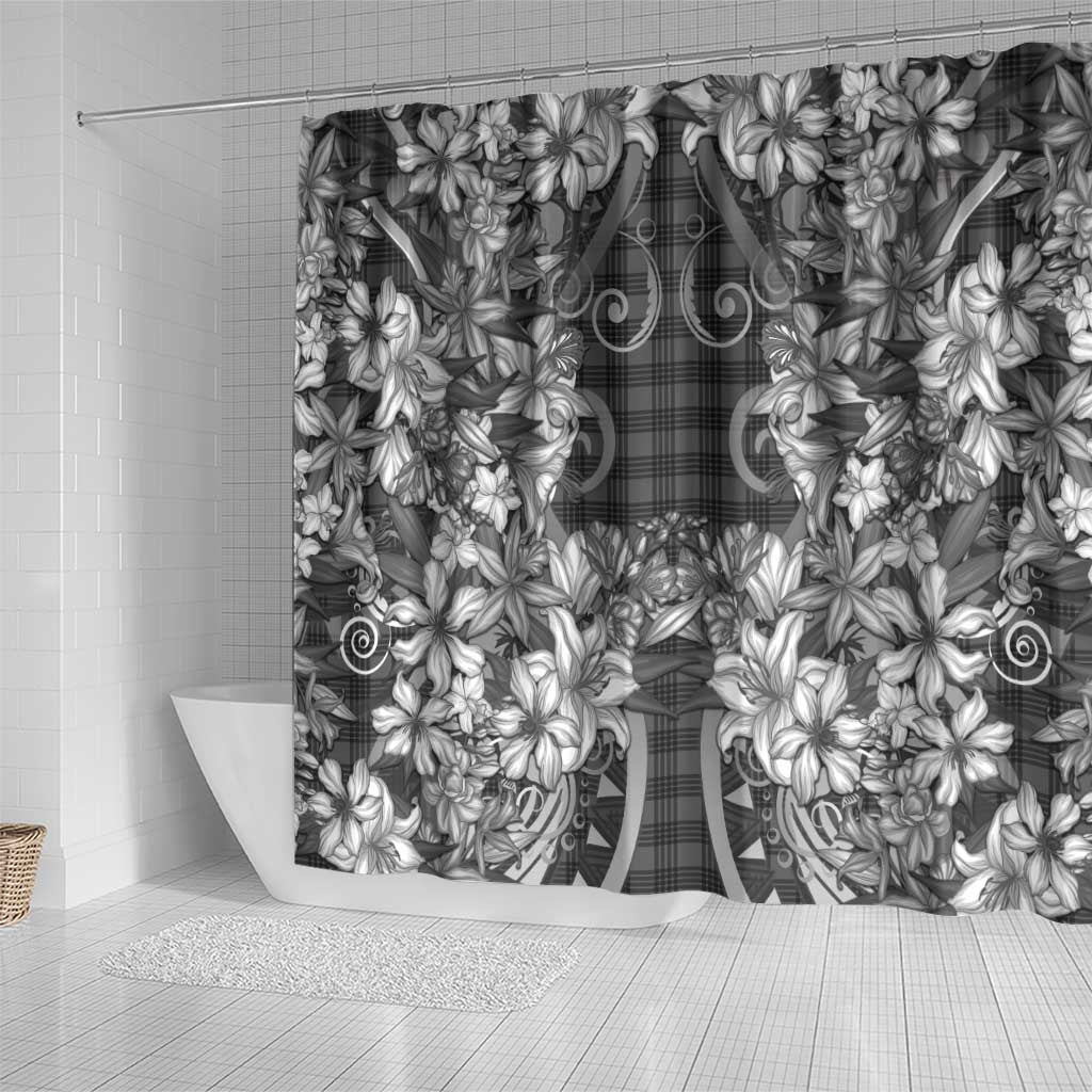 Hawaii Palaka Shower Curtain Black Tribal Pattern With Tropical Flowers - Polynesian Pride