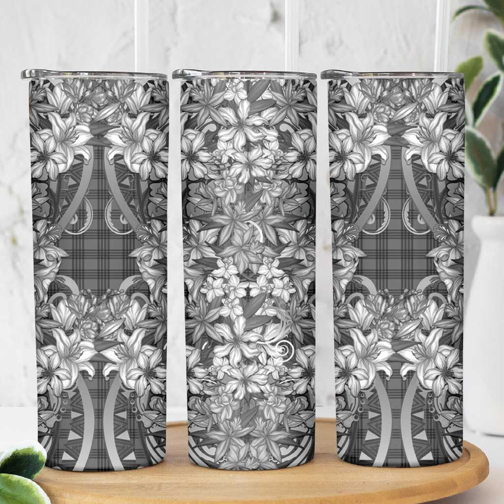 Hawaii Palaka Skinny Tumbler Black Tribal Pattern With Tropical Flowers - Polynesian Pride