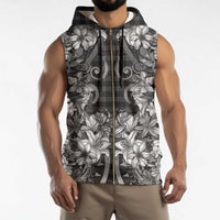 Hawaii Palaka Sleeveless Zip Hoodie Black Tribal Pattern With Tropical Flowers - Polynesian Pride