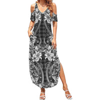 Hawaii Palaka Summer Maxi Dress Black Tribal Pattern With Tropical Flowers - Polynesian Pride
