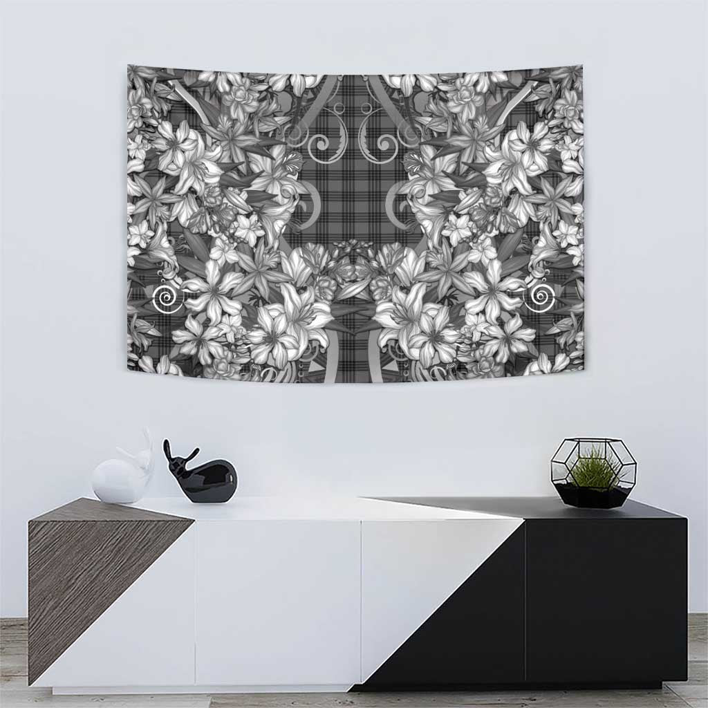 Hawaii Palaka Tapestry Black Tribal Pattern With Tropical Flowers - Polynesian Pride