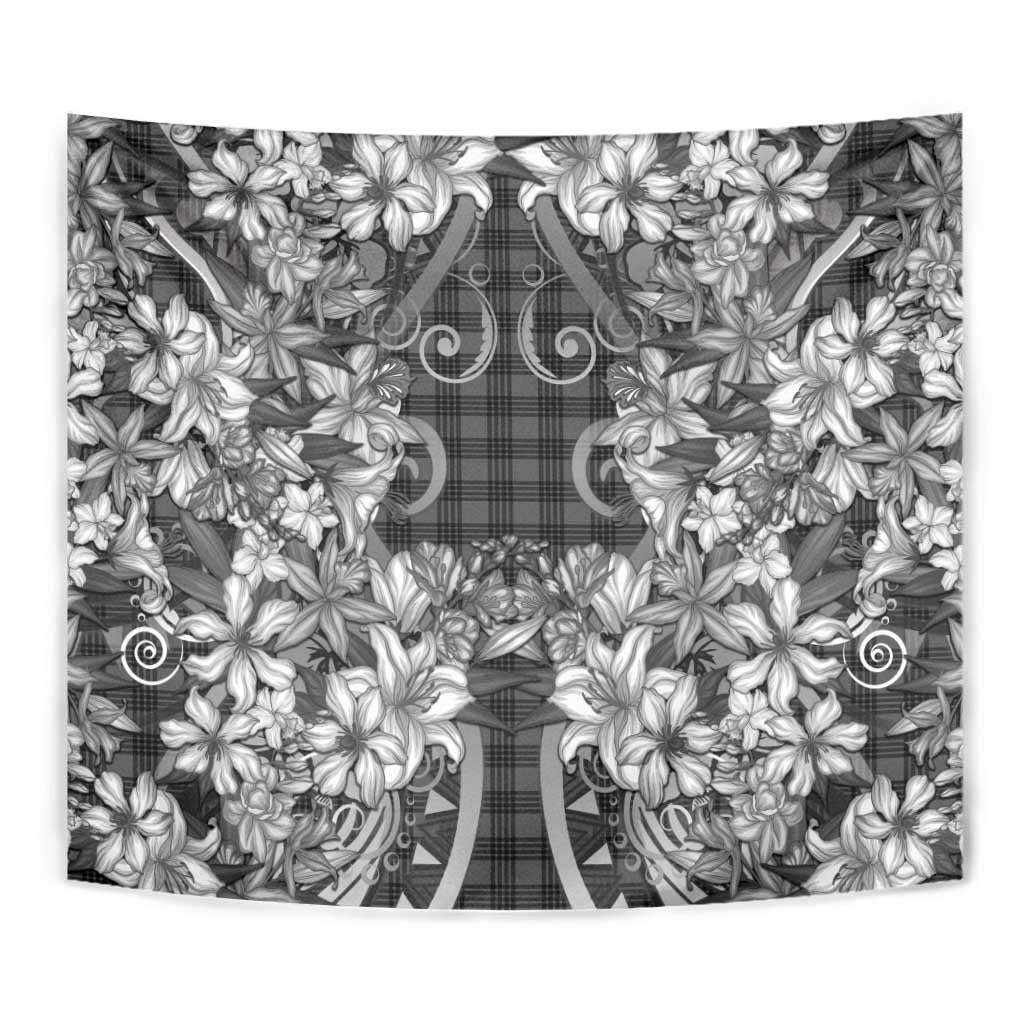 Hawaii Palaka Tapestry Black Tribal Pattern With Tropical Flowers - Polynesian Pride