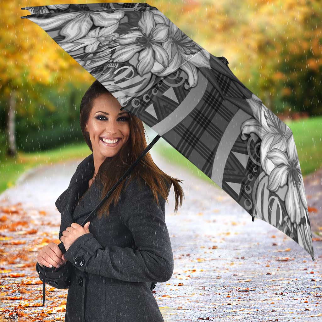 Hawaii Palaka Umbrella Black Tribal Pattern With Tropical Flowers - Polynesian Pride