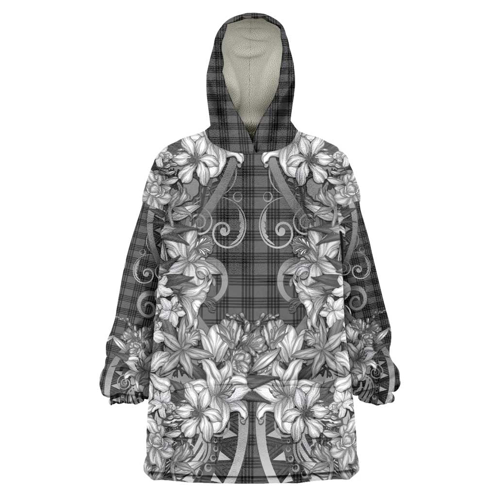 Hawaii Palaka Wearable Blanket Hoodie Black Tribal Pattern With Tropical Flowers - Polynesian Pride
