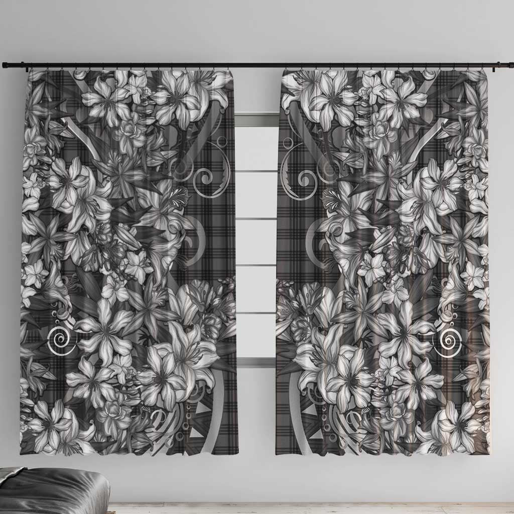 Hawaii Palaka Window Curtain Black Tribal Pattern With Tropical Flowers - Polynesian Pride