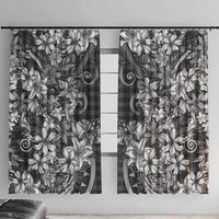 Hawaii Palaka Window Curtain Black Tribal Pattern With Tropical Flowers - Polynesian Pride