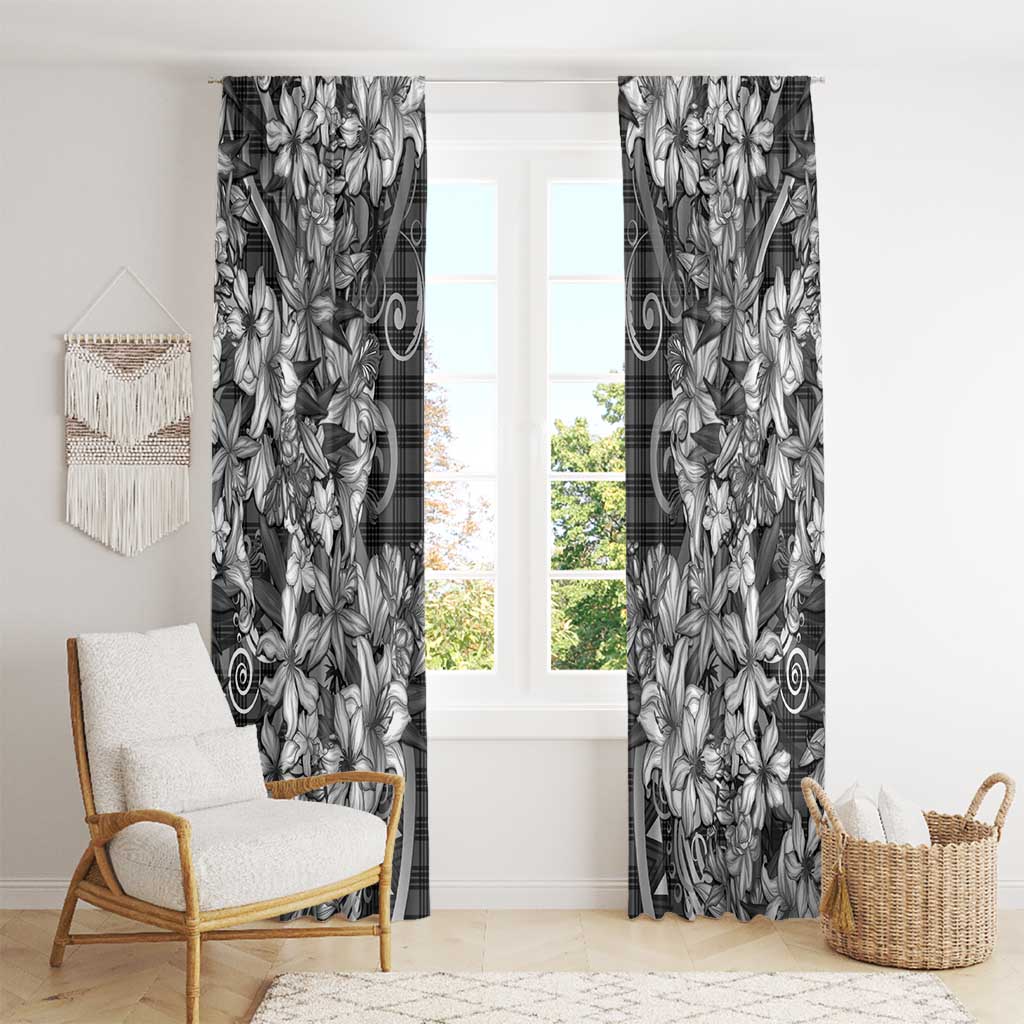 Hawaii Palaka Window Curtain Black Tribal Pattern With Tropical Flowers - Polynesian Pride