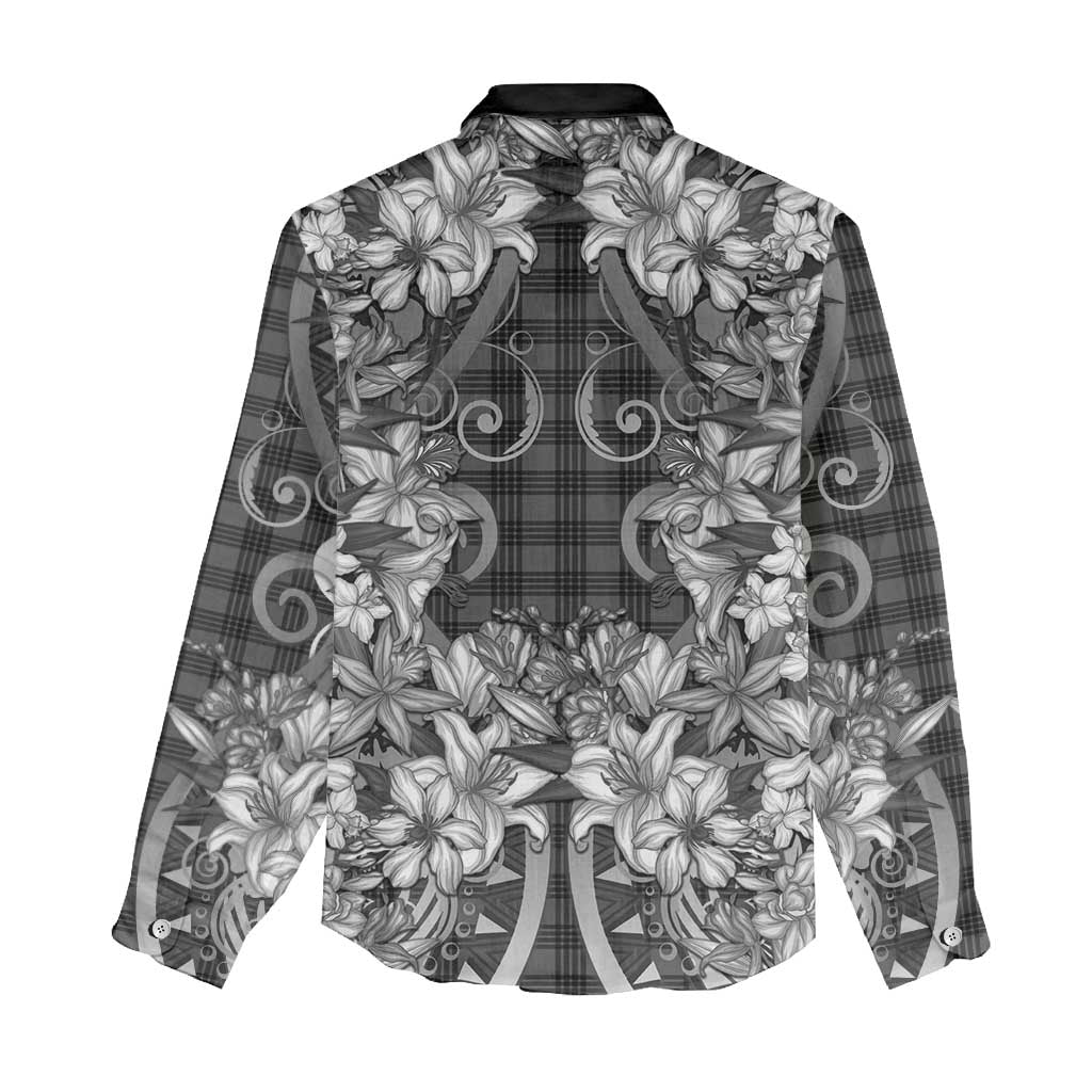 Hawaii Palaka Women Casual Shirt Black Tribal Pattern With Tropical Flowers - Polynesian Pride