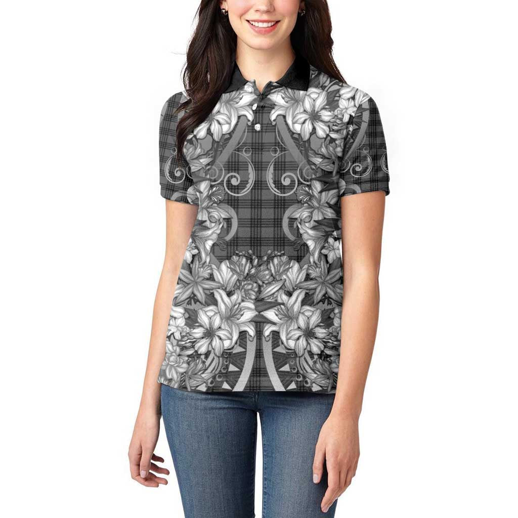 Hawaii Palaka Women Polo Shirt Black Tribal Pattern With Tropical Flowers - Polynesian Pride