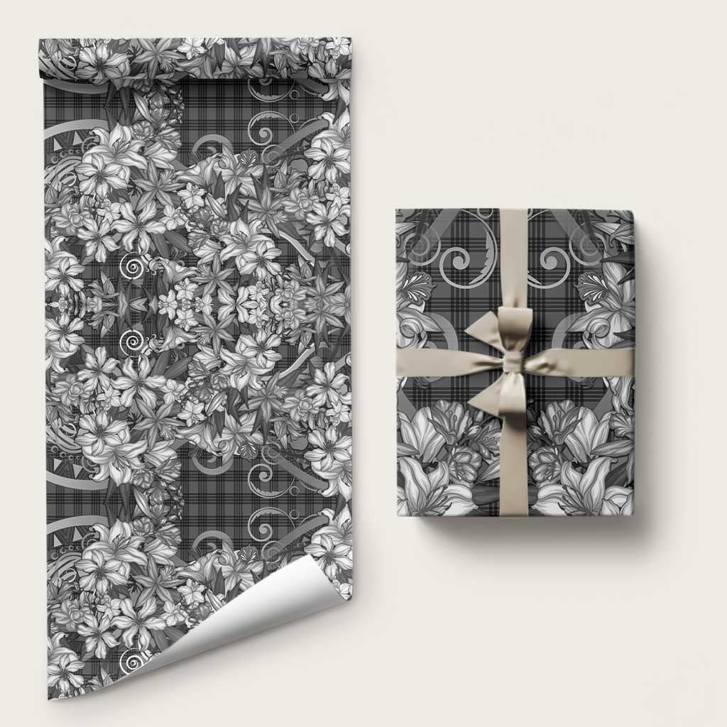 Hawaii Palaka Wrapping Paper Black Tribal Pattern With Tropical Flowers - Polynesian Pride