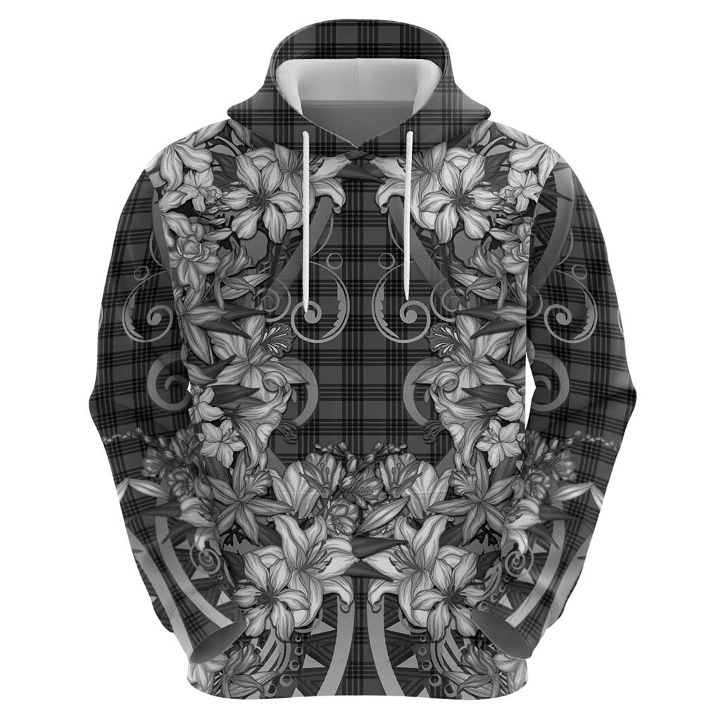 Hawaii Palaka Zip Hoodie Black Tribal Pattern With Tropical Flowers - Polynesian Pride