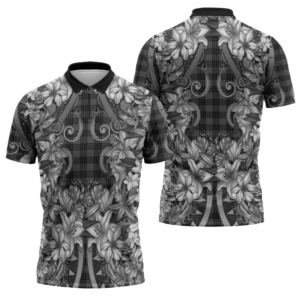 Hawaii Palaka Zipper Polo Shirt Black Tribal Pattern With Tropical Flowers - Polynesian Pride
