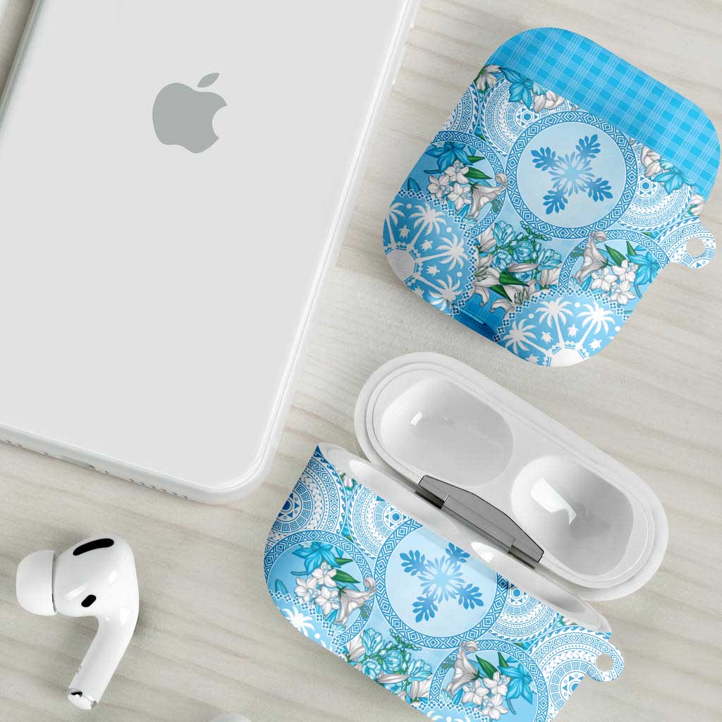 Hawaii Cyan Palaka AirPods Case With Tapa Pattern Tropical Flowers - Polynesian Pride