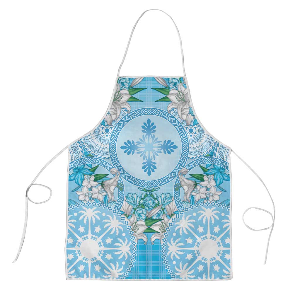 Hawaii Cyan Palaka Apron With Tapa Pattern Tropical Flowers - Polynesian Pride