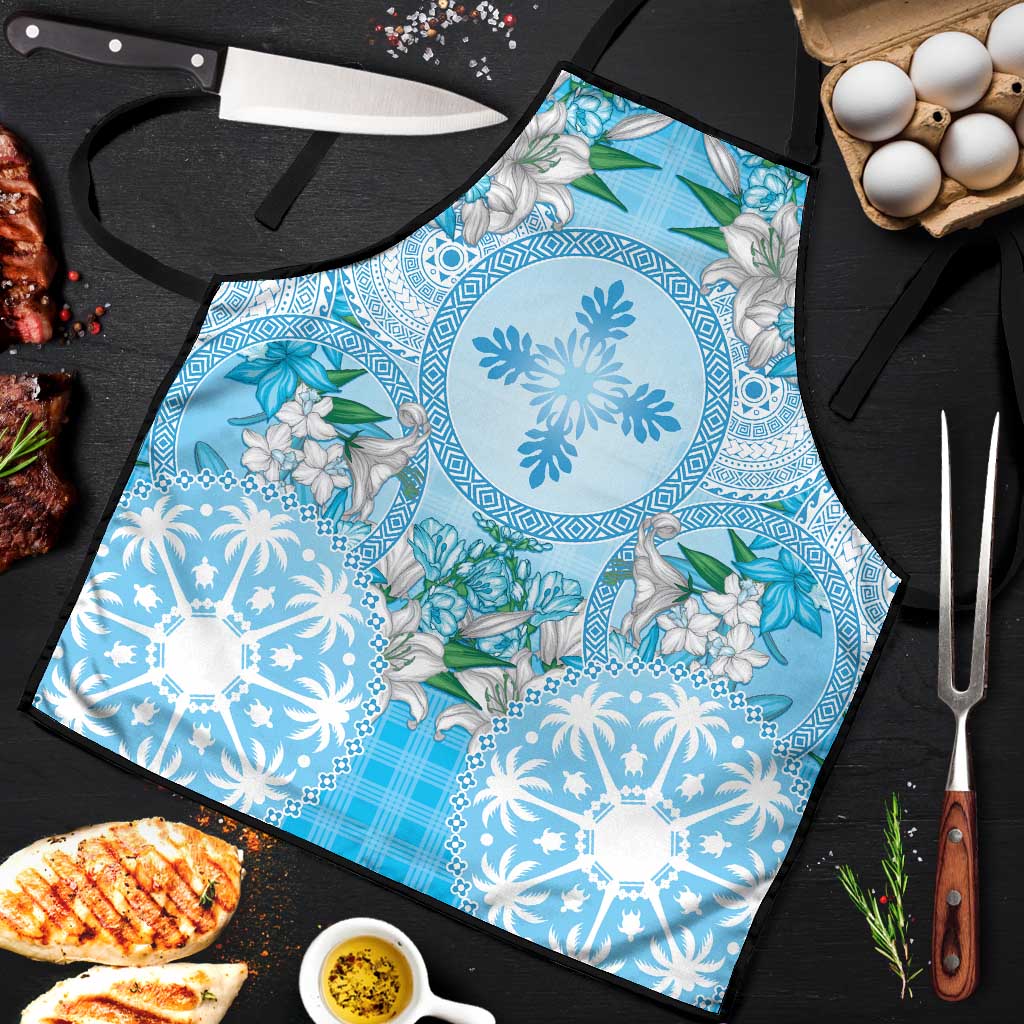 Hawaii Cyan Palaka Apron With Tapa Pattern Tropical Flowers - Polynesian Pride